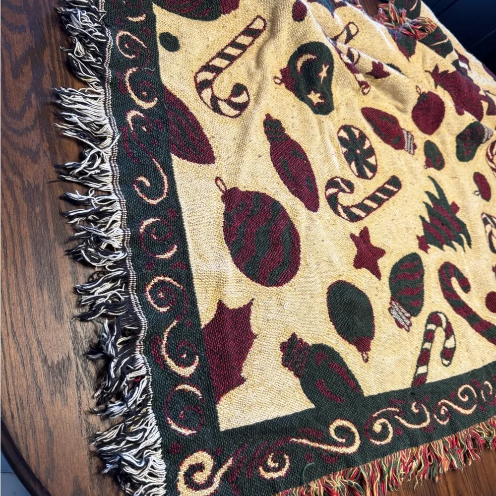 Festive Cream Holiday Throw Blanket with Red & Green Ornaments
